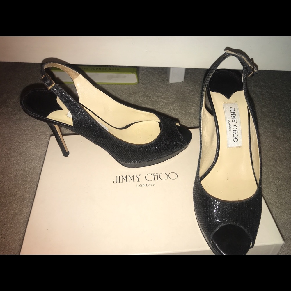 Jimmy choo black glitter peep toe heels
